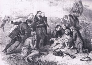 Death of Wolfe, illustration fra Cassells History of the United States udgivet af Cassell, Petter & Galpin, ca. 1900 (litho) af American English school