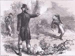 Duel mellem Burr og Hamilton, illustration fra Cassells History of the United States udgivet af Cassell, Petter & Galpin, ca. 1900 (litho) af American English school