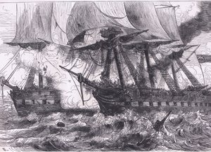Kamp mellem Chesapeake og Shannon, illustration fra Cassells History of the United States udgivet af Cassell, Petter & Galpin, ca. 1900 (litho)