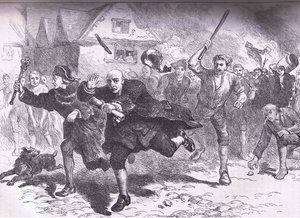 Flight of Hutchinson before the rioters 1766, illustration fra Cassells History of the United States udgivet af Cassell, Petter & Galpin, ca. 1900