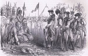 General Burgoyne taler til indianerne, illustration fra Cassells History of the United States udgivet af Cassell, Petter & Galpin, ca. 1900 (litho) af American English school
