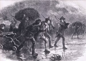 Night Maoeuvres of the Americans at Boston, illustration fra Cassells History of the United States udgivet af Cassell, Petter & Galpin, ca. 1900 (litho) af American English school
