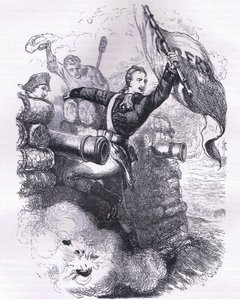 Sergent Jasper genfinder flaget, illustration fra Cassells History of the United States udgivet af Cassell, Petter & Galpin, ca. 1900 (litho) af American English school