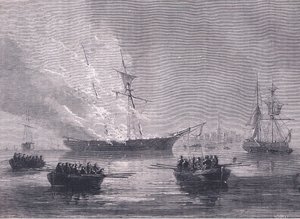 The burning of Gaspe, illustration fra Cassells History of the United States udgivet af Cassell, Petter & Galpin, ca. 1900 (litho) af American English school