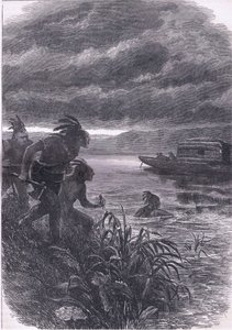 Handlende på Ohio angrebet af vilde, illustration fra Cassells History of the United States udgivet af Cassell, Petter & Galpin, ca. 1900 (litho) af American English school