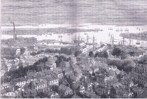 View of Boston af Bunkers Hill, illustration fra Cassells History of the United States udgivet af Cassell, Petter & Galpin, ca. 1900 (litho) af American English school