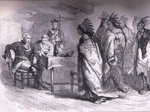 Besøg af Pontiac og indianerne hos major Gladwin 1763, illustration fra Cassells History of the United States udgivet af Cassell, Petter & Galpin, ca. 1900 (litho)
