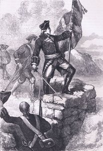Washington planter det britiske flag ved Fort Duquesne, illustration fra Cassells History of the United States udgivet af Cassell, Petter & Galpin, ca. 1900 (litho)