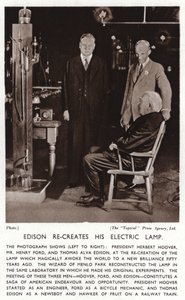 Thomas Edison genskaber sit elektriske lys til præsident Herbert Hoover og Henry Ford (s/h foto) af American Photographer (after)