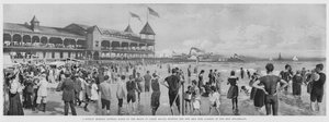En søndag morgen badescene på stranden ved Coney Island, der viser New Iron Pier Landing of the Iron Steamboats (s/h foto) af American Photographer