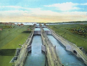 Bird "s Eye View of Gatun Locks, showing all the flights of locks, Panama Canaldani af American Photographer