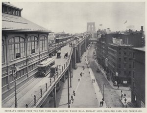 Brooklyn Bridge fra New York Side, der viser Wagon Road, Trolley Line, Elevated Cars og Promenade (s/h foto) af American Photographer