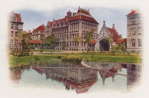 Chicago: Hull Court, fra Botany Pond, Anatomy Building og Hull Gate (farvefoto) af American Photographer