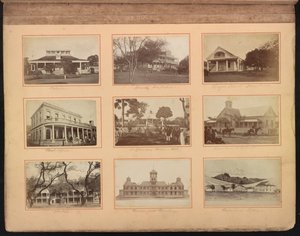 Hawaii album, s. 12, skoler og andre bygninger, herunder Dronningens Hospital (øverst i midten), ca. 1880 (albumin print) af American Photographer