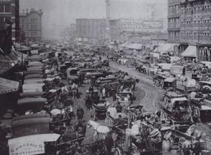 Haymarket Square fyldt med hestevogne, Chicago af American Photographer