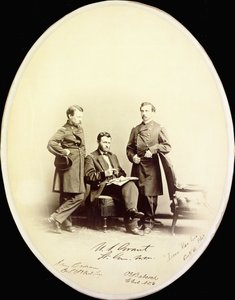 Signed photograph of Ulysses S. Grant and his aides, Orville E. Babcock and Adam Badeau, in military uniform, c.1865dani af American Photographer