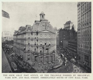 The Grim, Grey Post Office, på trekanten dannet af Broadway, Park Row og Mail Street, umiddelbart syd for City Hall Park (s/h foto) af American Photographer