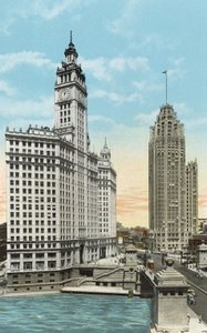 Wrigley Building og Tribune Tower (farvet foto) af American Photographer