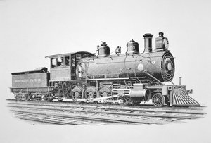 Et 2-8-0 Consolidation type lokomotiv bygget af Baldwin i juni 1889 til Northern Pacific Railway (litho) af American School