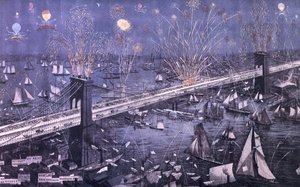 Et fugleperspektiv af Great New York og Brooklyn Bridge og storslået fremvisning af ildværker på åbningsaften, 1883, pub. af A. Major