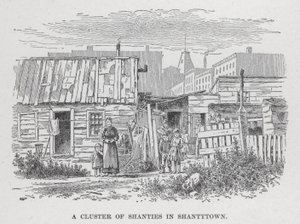 En klynge af shanties i Shantytown (litho) af American School