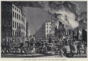 En brandscene under de frivillige brandmænds dage (litho) af American School
