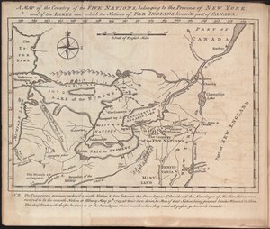 Et kort over de fem nationers land, der hører til provinsen New York, og over de søer, som de fjerne indianere bor i nærheden af, samt en del af Canada, af Cadwallader Colden af American School
