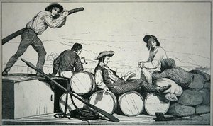 En fladbåd med last på Mississippi-floden, ca. 1840 (gravering) af American School