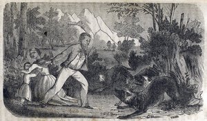 En mand, der står foran en kvinde og et barn, der kæmper mod hunde af American School