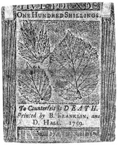 En hundrede shilling seddel trykt af B. Franklin og D. Hall, 1759 (tryk) af American School