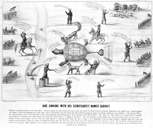 Abe Linking with his Significantly Named Cabinet, udgivet af M.E. Godwin i 1864 af American School
