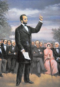 Abraham Lincoln (1809-65) holder Gettysburg-talen i Gettysburg, Pennsylvania, november 1863 (farve litho) af American School