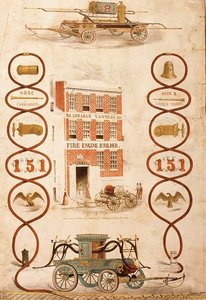 Annonce for Abraham Vanness, brandbilbygger og producent af brandslukningsudstyr, pub. af Geo. G. Gratacap, New York, ca. 1850 (litho) af American School