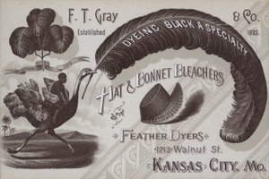 Annonce for F T Grey, hatte- og hætteblechere og fjerfarvere, Kansas City, Missouri, USA (litho) af American School