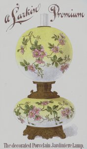 Annonce for Larkin Premium dekorerede jardiniere lamper i porcelæn (chromolitho) af American School
