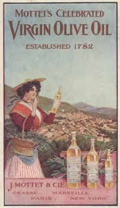 Annonce for Motetter Celebrated Virgin Olive Oil, ca. 1900 af American School