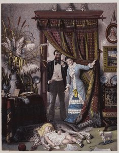Amerikansk par kigger på deres datter, der sover på hunden (farvelitografi) af American School