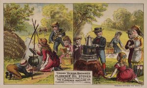 Amerikanske handelskort-reklamesymaskiner og olieovne fremstillet af Florence Machine Company, Massachusetts, c1880
