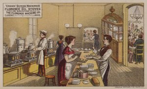 Amerikanske handelskort-reklamesymaskiner og olieovne fremstillet af Florence Machine Company, Massachusetts, c1880