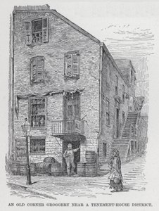 En gammel Corner Groggery nær et Tenement-House District (litho) af American School