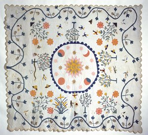 Applikationsdyne med sol, måne, stjerner og Edens have, fra Arkansas, ca. 1850-80 (bomuld) af American School
