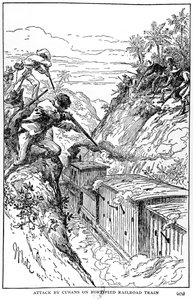 Angreb fra cubanere på befæstet jernbanetog, illustration fra The Story of Cuba af Murat Halstead, udgivet 1898 af American School