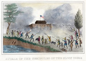 Attack of the Seminoles on the Block House, pub. 1836 (håndfarvet gravering) af American School