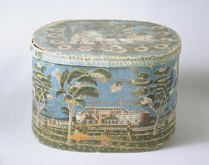Båndkasse dækket med bloktrykt papir med udsigt over slottet, ca. 1835 (pap og papir) af American School