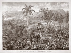 Slaget ved La Quasina, nær Santiago de Cuba, pub. 1898 (kobberstik) af American School