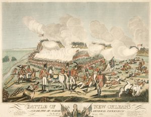 Slaget ved New Orleans og generalmajor Packenhams død den 8. januar 1815, pub. 1815 (farvet gravering) af American School