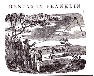 Benjamin Franklin (1706-90) udfører sit drageeksperiment af American School