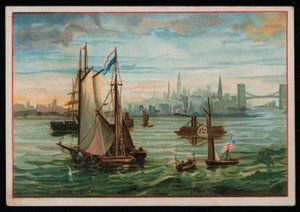 Både i New Yorks havn, lykønskningskort. (chromolitho) af American School