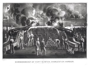Bombardement af Fort Sumter, Charleston Harbor fra Fort Moultrie, 12. og 13. april 1861, pub. af Currier og Ives af American School