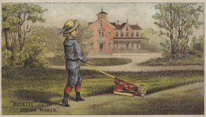 Dreng slår græs udenfor landsted (chromolitho) af American School